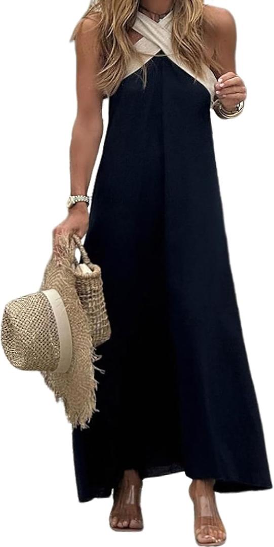 chouyatou Womens Criss Cross Halter Neck Dress Sleeveless Sexy Backless Boho Maxi Long Cotton Linen Dress (Medium, Black)