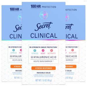 Secret Clinical Strength 100HR Sweat & Odor, Stress Response Invisible Solid Antiperspirant Deodorant for Women, 3X Stress Protection with Hyaluronic Acid, PH Balanced, 1.6 oz (Pack of 3)