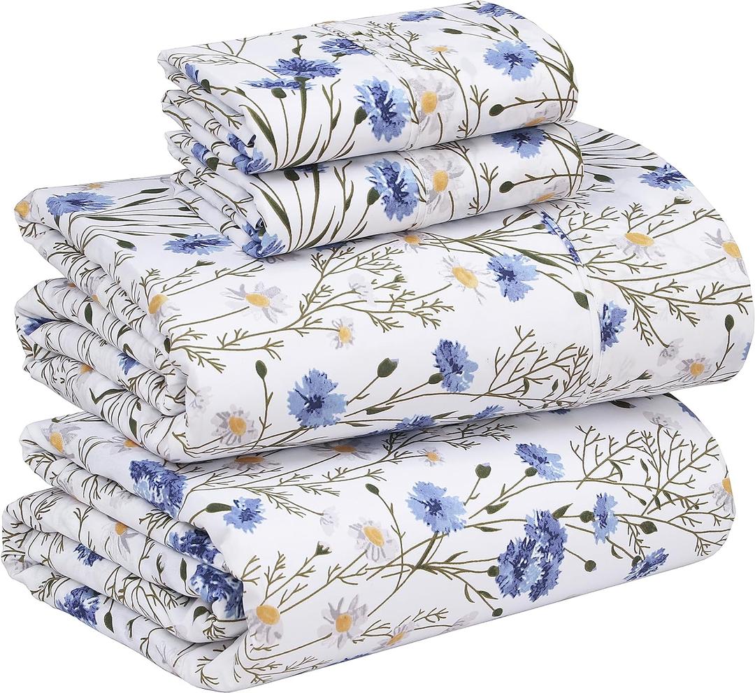 RUVANTI 100% Cotton Sheets  King Size Percale Bedding, Cooling & Breathable Floral Design, Durable with a Crisp, Soft & Comfortable Feel, 16" Deep Pocket, 4-Piece Set, Sweet Pea