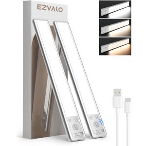 EZVALO 10inch Under Cabinet Lighting, 2500mAh Rechargeable Motion Sensor Lights Indoor with 3 Color Temps, 2 Pack Magnetic Closet Light, 80 LED Dimmable Under Counter Lights for Kitchen, Shelf, Stair (Silver)