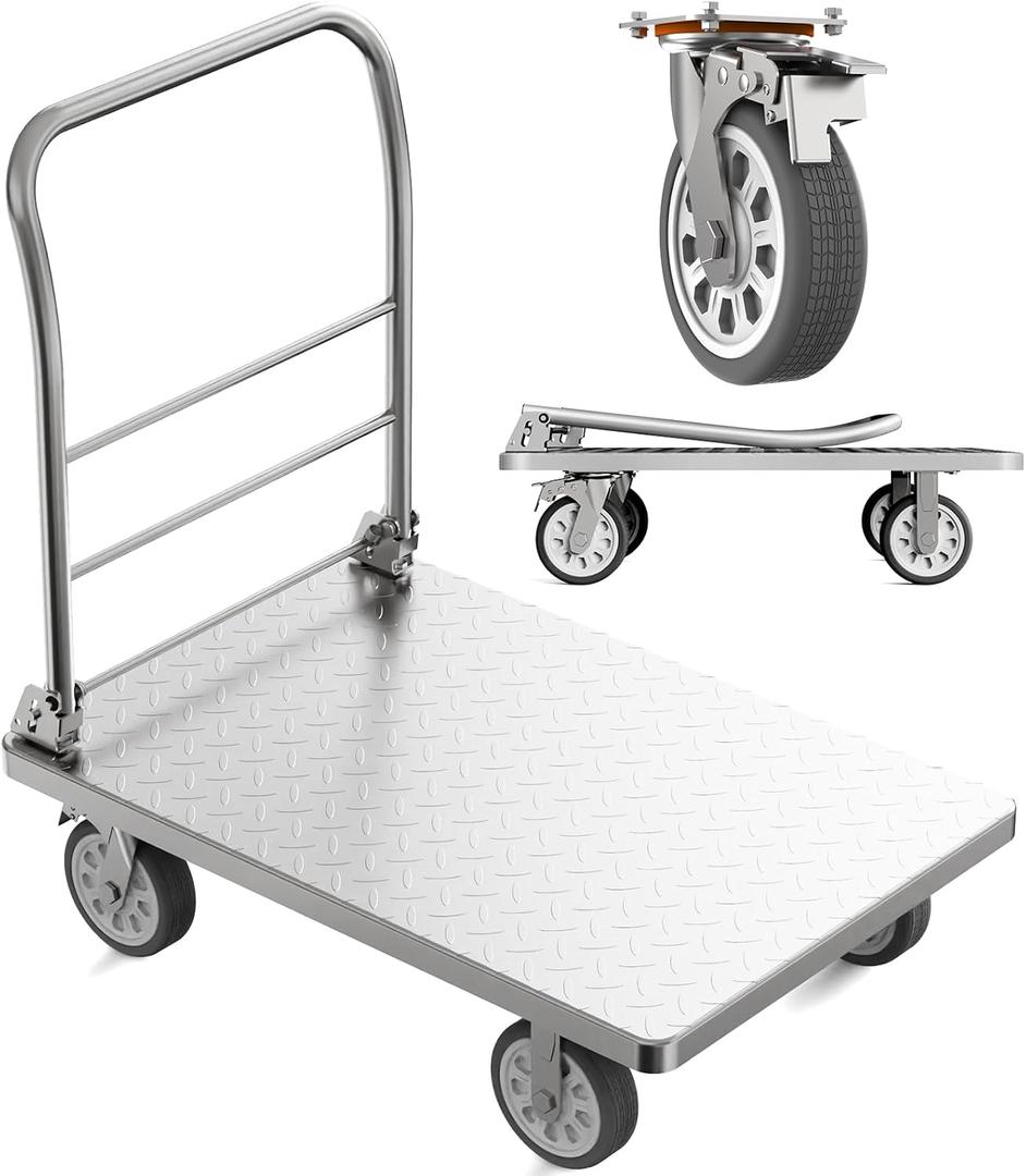 Heavy Duty Platform Truck Cart, Flatbed Cart Folding Hand Trucks, 2200lbs, with 6" Swivel Brake Casters, Foldable for Easy Storage (36" x 24") (Silver)