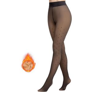 MANZI Women's Polka Dots Fleece Lined Faux Sheer Black Warm Tights Patterned Fake Translucent Winter Thick Thermal Stockings