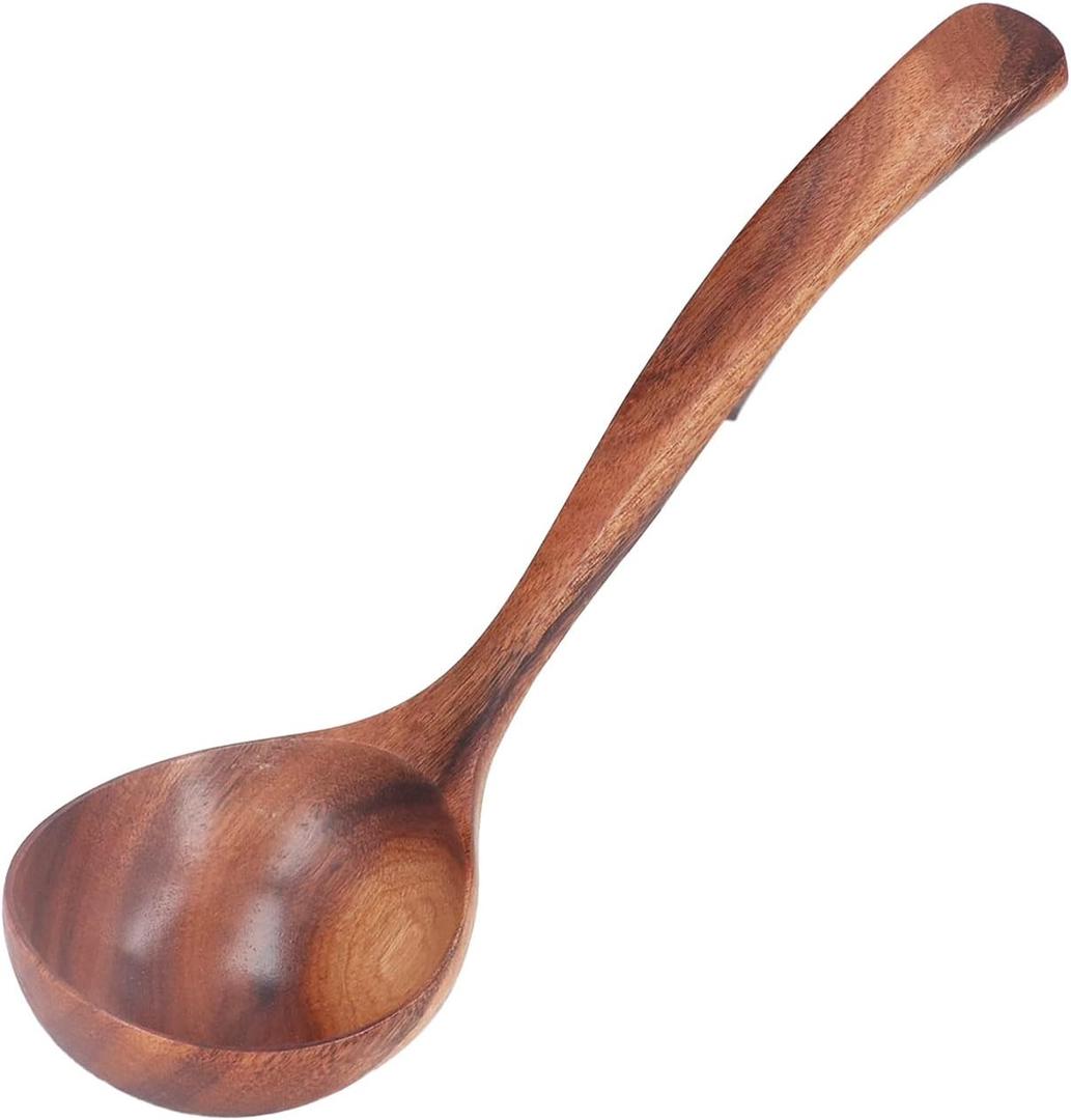 Wooden Ladle Spoon, Long Handle Wood Teak Soup Deep Serving Spoon Porridge for Cooking Kitchen Smooth Finish Lightweight Natural Texture Sustainable Handcrafted Versatile Utensil(10.63×3.15in)