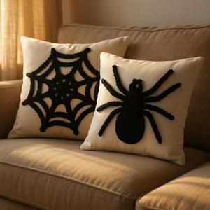 Mixweer 2 Pcs Halloween Pillow Covers 18 x 18 Inch Spider Web 3D Embroidery Soft Flannel Canvas Spider Halloween Throw Pillow Cases for Home Couch Sofa Decor