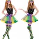 Syhood 6 Pcs Mardi Gras Costume Set, Sequined Tassels Tutu Skirt, Faux Feather Pattern Half Mask, Necklace and Long Socks (M)