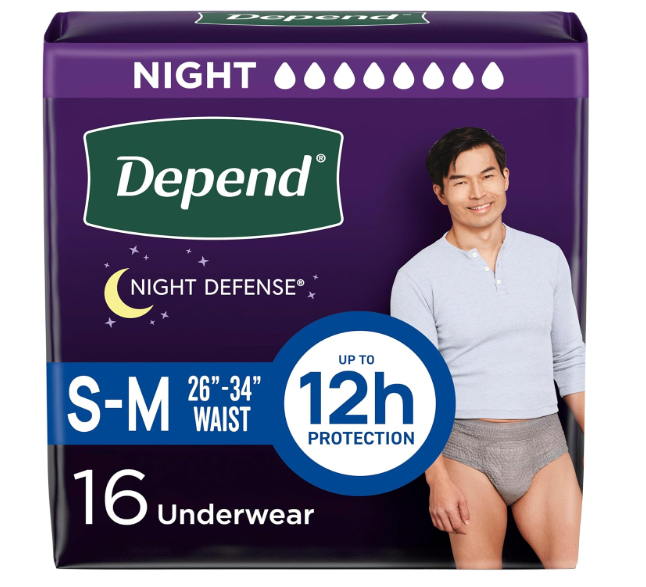 Depend Night Defense Adult Diapers, Incontinence Underwear for Men, Disposable, Overnight, Small/Medium, Grey, 16 Count