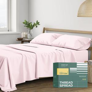 THREAD SPREAD 100% Organic Cotton Sheets Queen Size - 4 PC Organic Cotton Queen Size Percale Weave Sheet Set, Soft, Cooling, Crisp & Breathable, 16" Deep Pocket Hotel Quality Bedding Set - Blush