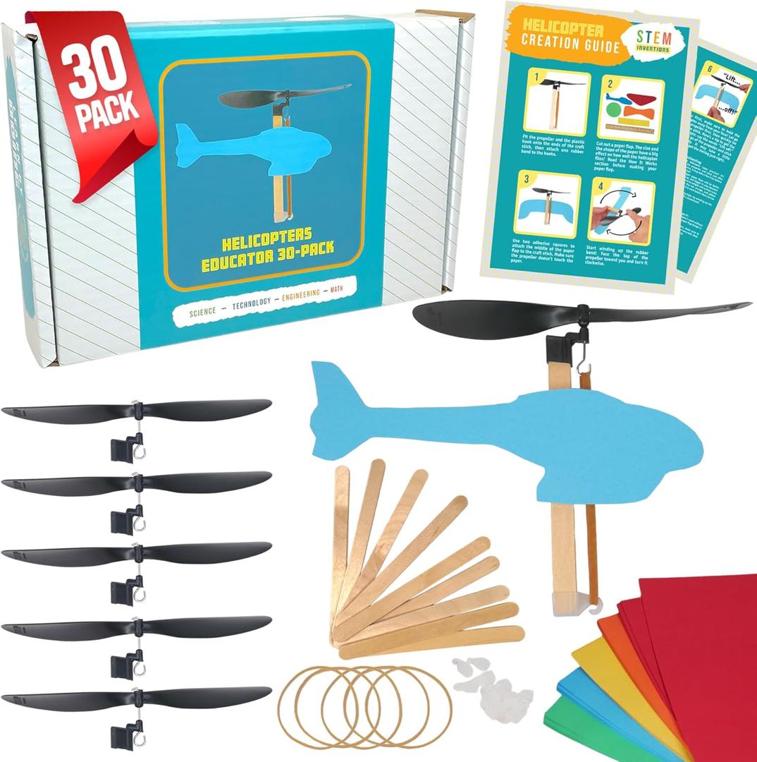 Rubber Band Helicopter Kit, 30-Pack Build 30 Rubber Band Helicopters, Complete STEM Project Kit for Classrooms, Ages 8+