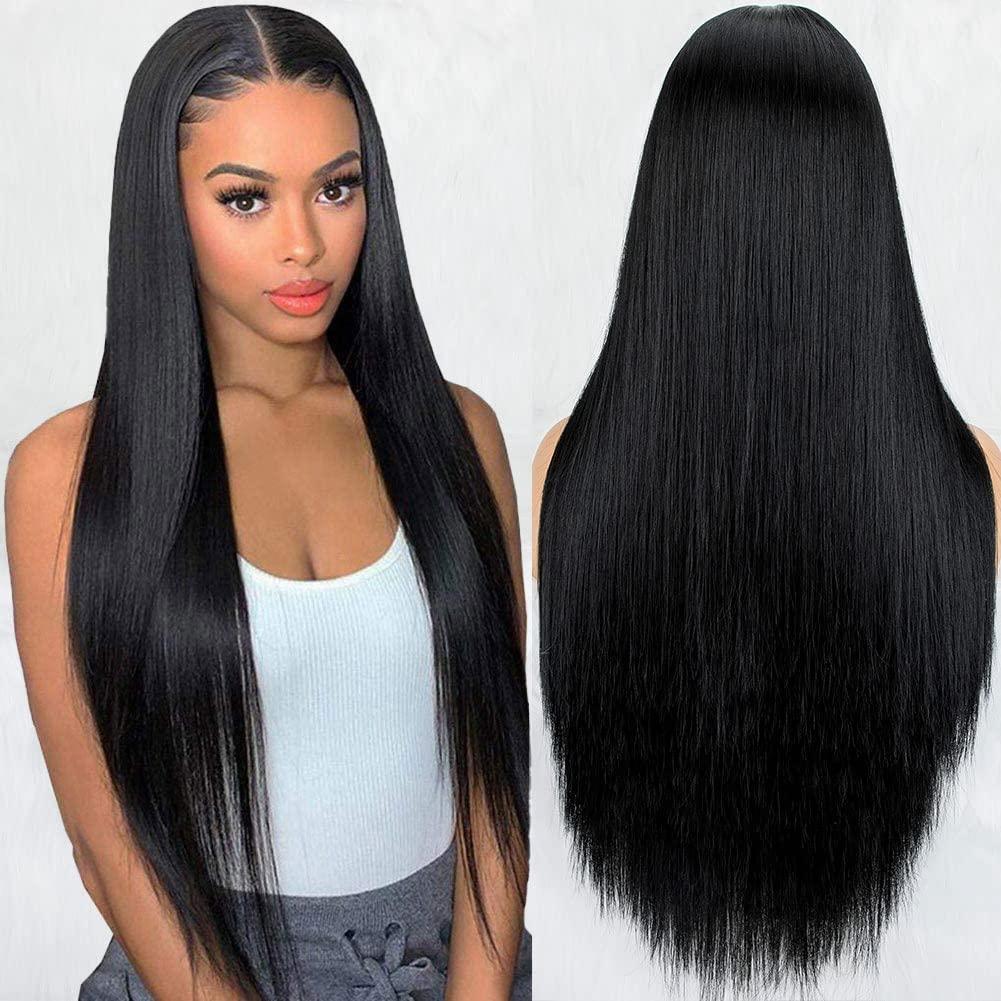 BYRON Natural Black Wig for Women Long Straight Wigs Middle Parting Lace Front Wig Silky Soft Smooth Remy Hair Synthetic Wigs Fashion Looking Full Wig Realistic Everyday Wig 26 Inch