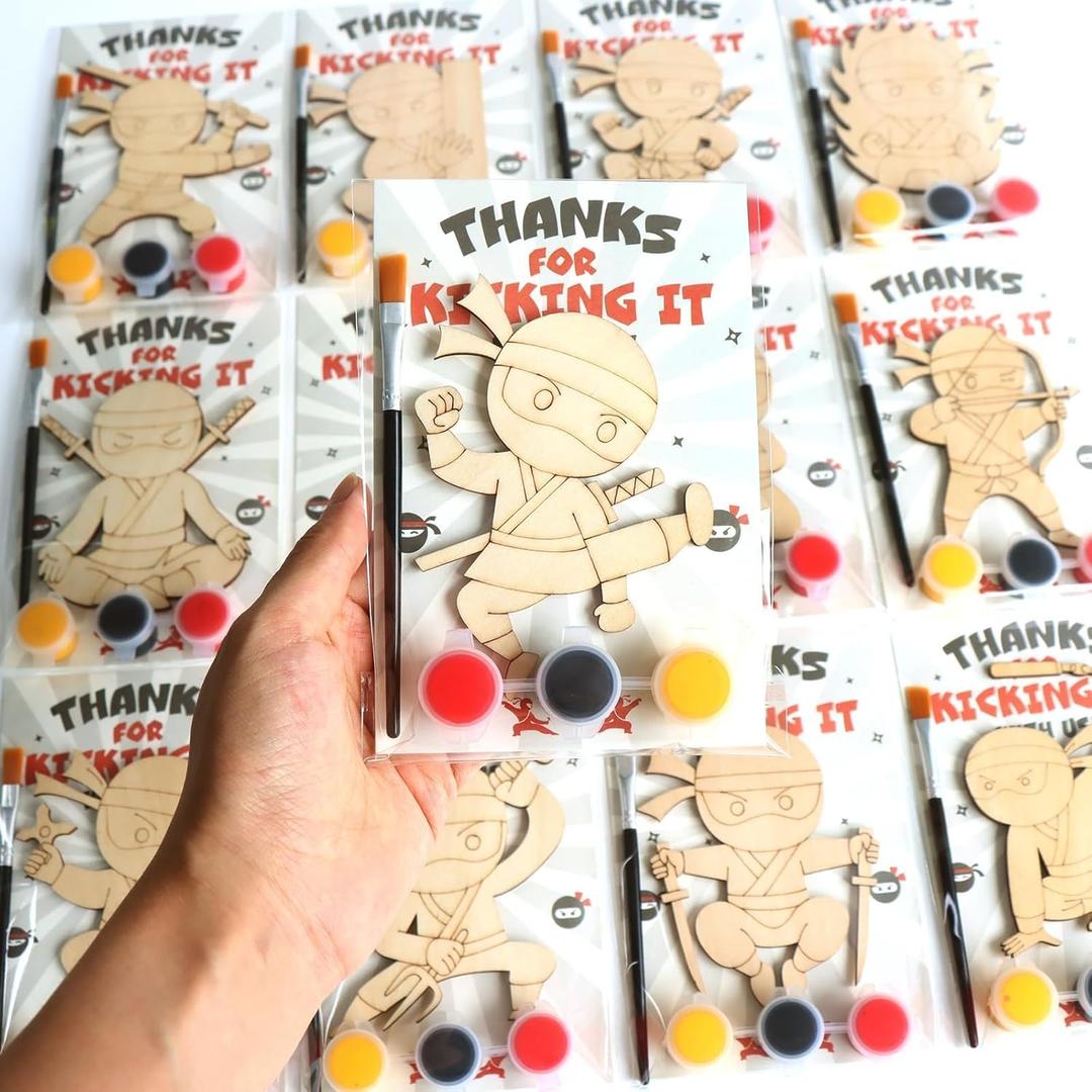 12 Pack Ninja Party Favors for Kids - Individually Wrapped Paint Your Own Wooden Craft Kits, Boy Birthday Decorations & Kidz Party Supplies 4-8 8-12, Goodie Bag Stuffers