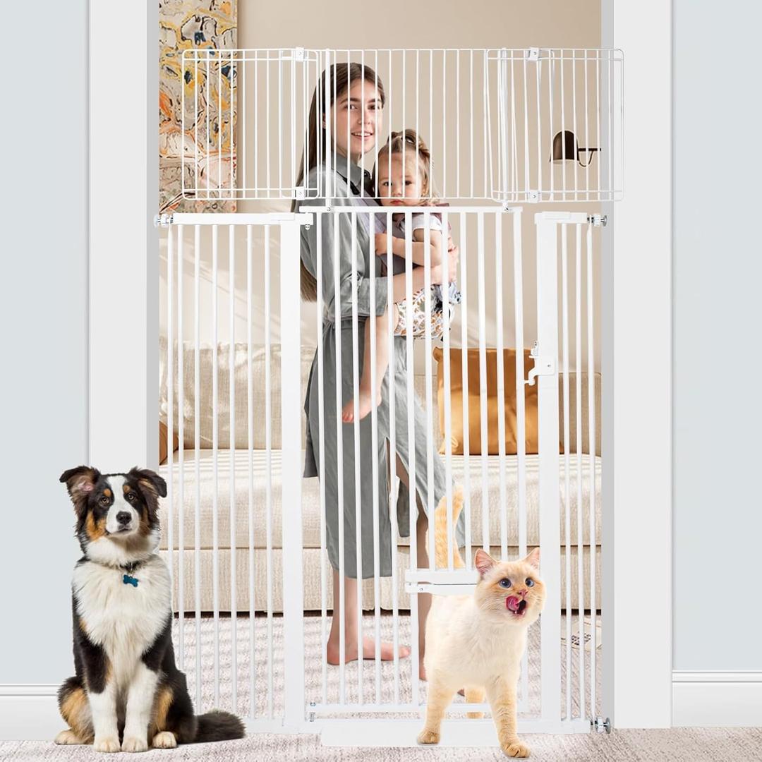 71 Inch Extra Tall Pet Gate with Small Cat Door, 29.55"-46.06" Adjustable Wide Dog Gate, Tall Cats Gates for Doorway, Stairs, House(White)