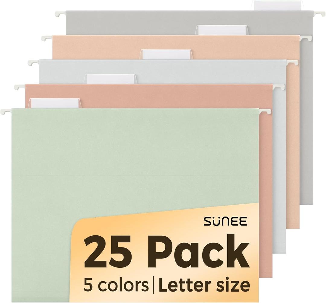 SUNEE 25 Count Hanging File Folders, Pastel Colors, Hanging File Folders Letter Size, Hanging Folders with 1/5-cut Tabs, Designed for Bulky Files, Filing Cabinets, Medical Charts