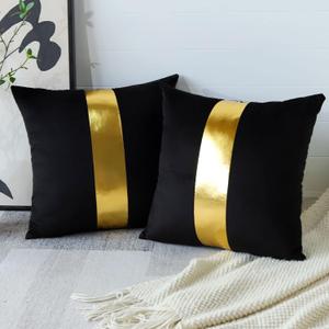 Artscope Black Velvet Throw Pillow Covers with Gold Leather Stitching Luxury Modern Minimalist Square Pillowcase Cushion Covers for Bed Couch Sofa 20x20 Inch Set of 2