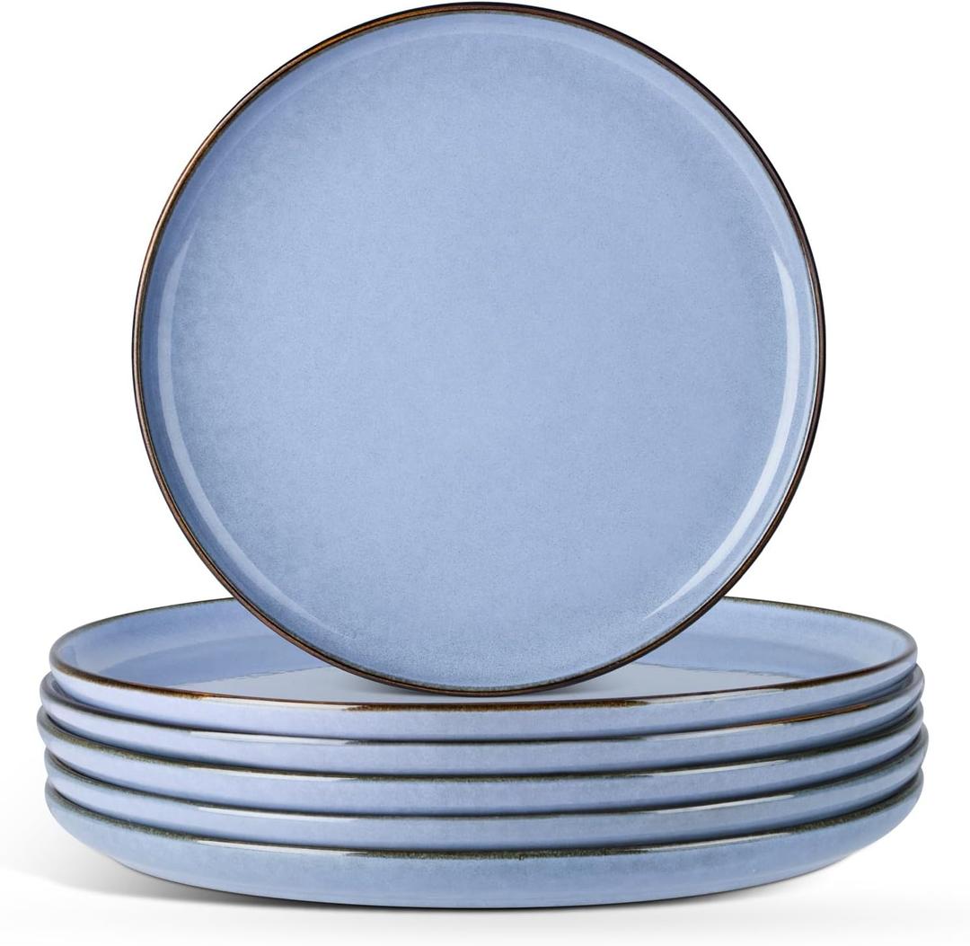 E-far 8 Ceramic Salad Plates Set of 6, Reactive Glaze Stoneware Dishes, Round Dessert Plate for Home Kitchen Restaurant, Microwave & Dishwasher Safe  Ocean Blue