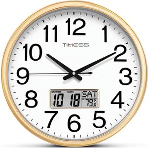 Wall Clock, 16 Inch Non-Ticking Silent Battery Operated Quartz Analog with LCD Display for Perpetual Calendar and F Temperature, Ideal Modern Home, Bedroom, Kitchen, Office Dcor (Gold)