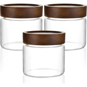 3 Pack 17 fl oz/500ml Clear Glass Storage Canister with Airtight Wooden Screw On Lid, Small Cute Decorative Glass Container Jar Set for Coffee, Candy, Cookie, Condiment, Pepper, Sugar, Oatmeal