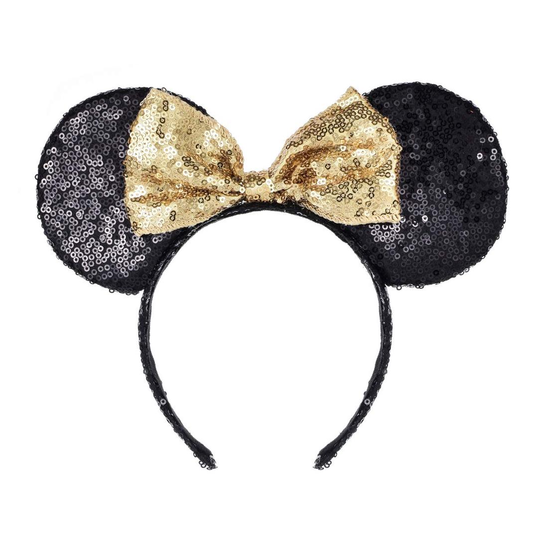 A Miaow Colorful Sequin Headband Glitter Bow Hair Clasp Adults Women Butterfly Hair Hoop Birthday Party Holiday Park Photo Supply (Black and Golden)