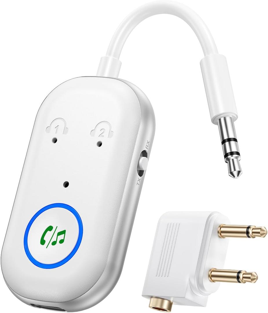 Bluetooth Transmitter Receiver, 3.5MM to Bluetooth 5.3 Transmitter, 2 in 1 Airplane Adapter for Headphone, TV, Airplane, Home Stereo, Speakers, Headphone, Car, Dual Connection (White)