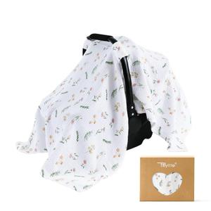 TILLYOU Baby Car Seat Cover, Breathable Muslin Cotton Infant Car Seat Cover, Lightweight Canopy with Sun and Bug Protection(Daisy) (47 x 35 Inch)