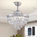 48" Crystal Ceiling Fans with Lights and Remote, Dimmable, 6 Speeds, Luxury Chandelier Fan Chrome Crystal Fandelier for Dining Room Living Room Bedroom