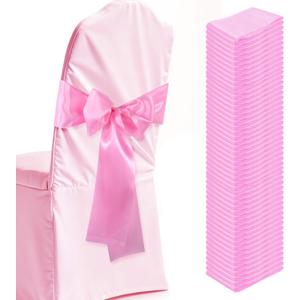 Satin Chair Sashes Ties 50 Pack Chair Ribbons Bows Chair Cover Bands Ties for Wedding Banquet Party Christmas Baby Shower Banquet Events Decoration (Pink)