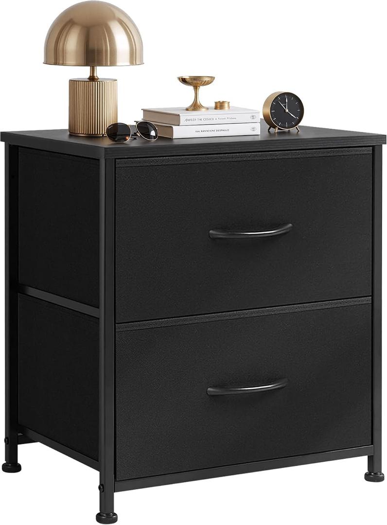 Nightstand Upgraded, Small 2 Drawer Dresser End Table Bedside Furniture, Wooden Top Fabric Bins for Bedroom, Closet, Entryway, Dorm, 11.8" D x 18" W x 20", Charcoal Black