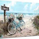 Beach Ocean Canvas Wall Art Seaside Bicycle Seascape Wall Decor Pictures Teal Aqua Blue Calming Shoreside Posters Prints for Modern Coastal Themed Home Decoration Bathroom Room Decoration Pack Of 3
