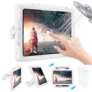 MoKo Shower Tablet Holder, Stretchable Waterproof iPad Holder Fit All Devices Up to 11", 360° Rotation Tablet Wall Mount Holder with Anti-Fog Touchable Screen, 2 Placement Modes, for Bathroom, Kitchen