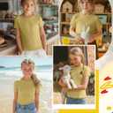 Girls Short Sleeve Slim Fit Ribbed Top | Crewneck Shirt, Round Neck, Knit, Cute, Casual, Tight, Basic, Solid, Plain, Summer, Layer, Comfortable, Versatile, Breathable (Yellow)