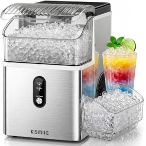 Kismile Nugget Ice Maker Countertop, 35Lbs/24H Pebble Ice Maker with Chewable Pellet ice, First Ice in 7 Mins, Self-Cleaning Ice Machine with Removable Basket for Home & Kitchen(Sliver)