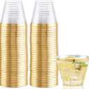 Hioasis 100Pcs 9OZ Clear Plastic Cups with Gold Trim - Plastic Disposable Cups, Heavy Duty & BPA-free for Party, Wedding, Celebrations