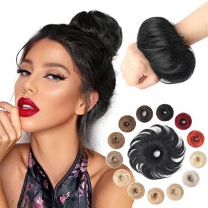 Messy Bun Hair Piece Natural Curly Jet Black Tousled Stretchy Fluffy Donut Updo Elastic Rubber Band Human Hair Bun Extension Chignons Scrunchies(1 Count #1 Jet Black