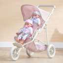Olivia's Little World Double Jogging-Style Doll Stroller for Baby Dolls with Tandem Seating, Retractable Canopy, Storage Basket, All-Terrain Wheels, Cream, Pink and Gray Polka Dots