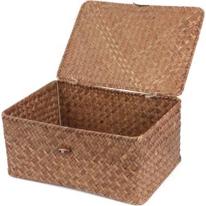 FEIALNDUO Wicker Shelf Baskets with Lid,Seagrass Storage Basket Bins Rectangular Handwoven Basket Boxes for Shelves Desktop Home Organizer (Coffee, Large)