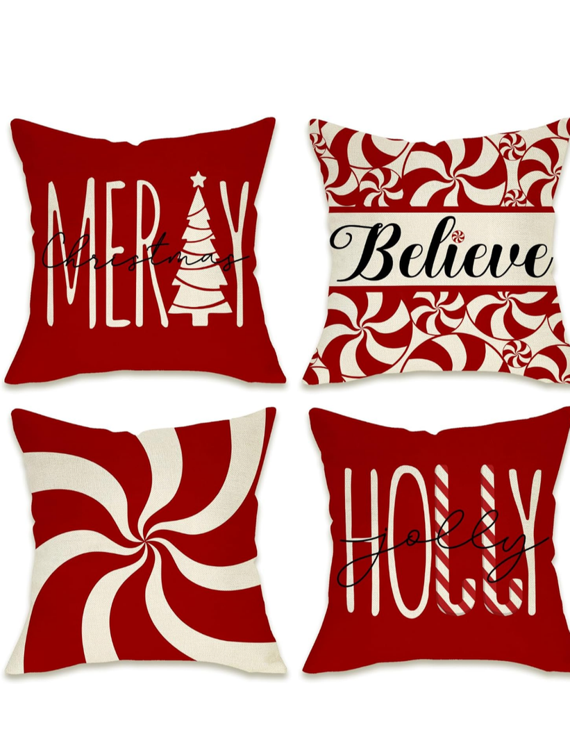 Merry Christmas Tree Decorative Throw Pillow Cover 16 x 16 Set of 4, Xmas Red Candy Canes Porch Patio Outdoor Pillowcase, Winter Holiday Holly Jolly Gifts Cushion Case Home Decor