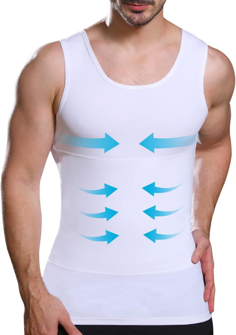 Mens Slimming Compression Shirt, Body Shaper Workout Tank Top, Gynecomastia Tummy Control Undershirts - Change in Seconds, XXL