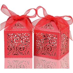 COTOPHER 100Pcs Laser Cut Favor Boxes, 2x2x2.75in Small Gift Boxes for Presents, Party Wedding Favors Boxes with Ribbon, Mini Candy Boxes for Event Bridal Shower Anniversary Birthday Christmas, Red