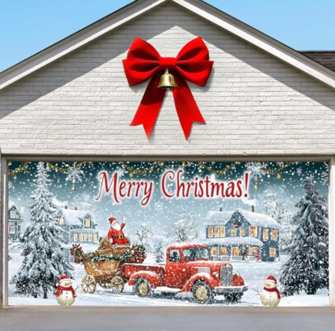 Brightown Christmas Garage Door Cover 7 x 16 ft Decorations, with Magnetic Hook and Elastic Cord for Easy Installation, Large Banner Backdrop for 2 Car Garage Door Party Wall Door Gate (White)