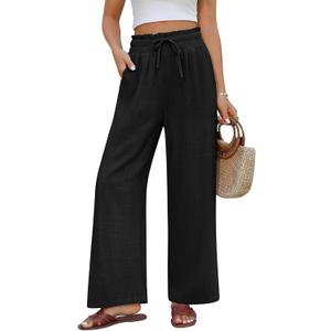 Linen Pants for Women High Waist Flowy Wide Leg Palazzo Pant Casual Boho Beach Pant Trouser Summer Vacation Outfit (White, XXL)