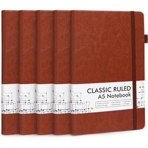5 Pack Journal Notebook Bulk for School, Feela Hardcover Business Notebooks Classic Ruled Lined Journals with Pen Holder for Work Note Taking, with 5 Black Pens, 120 GSM, 5.1x8.3, A5, Brown
