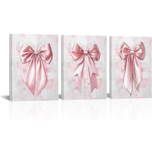 Visual Art Decor Bow Pictures Girls Bathroom Bedroom Wall Decor, Bow Wall Art Framed 12x16inchx3 Pieces (Pink)
