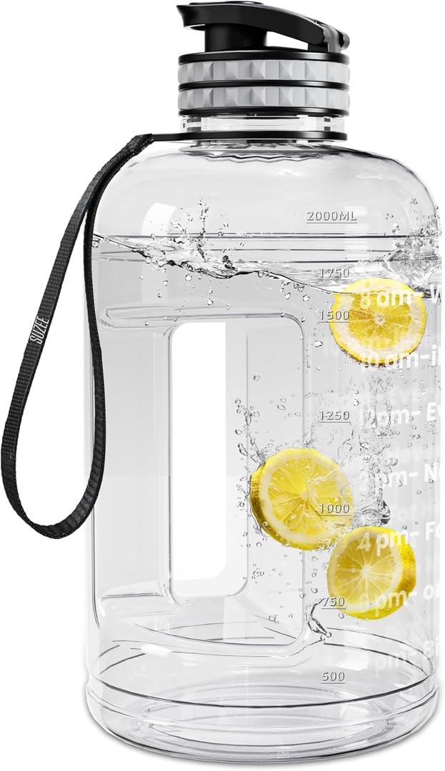 Large Water Bottle with Motivational Time Marker, Water Jug with Handle, Clear Sport Bottle for Gym Camping Workout Outdoors (0.5 Gallon Clear)