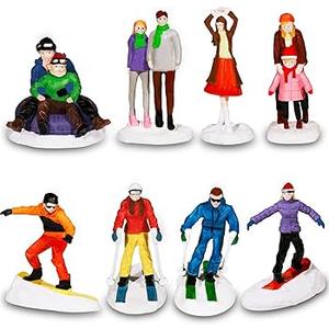 Rileryan 7 PCS Miniature Christmas Town Village People Figurines Set Skating Skiing Mini People for Christmas Village Accessories Decorations