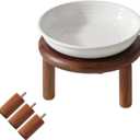 Elevated Ceramic Cat Dish, Wide Whisker Friendly Anti-Slip Food & Water Bowl with 2 Heights Adjustable Acacia Wooden Stand - Pet Bowl Set for Cats (1 Dish + 1 Stand, White)