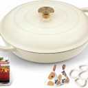 Parmedu Cast Iron Dutch Oven, 3.8 Quart, White, Shallow Braiser & Casserole
