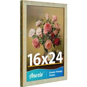 16x24 Poster Frame, Vintage 16 x 24 Picture Frame Plexiglass Glass for Wall Display, Rustic 16x24 Photo Picture Frame Large, Antique Gold Green Collage Gallery Wall Picture Frames, Widen Border