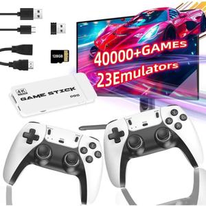 2025 Retro Gaming Console Pro, Video Game Stick with 4K 40,000+ Games and 23 Emulators, Upgraded Dual 2.4G Wireless Controllers, Plug & Play Nostalgia Gaming Stick (128GB)