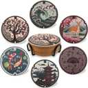 Japanese Coasters Japan Manhole Design Coasters for Drinks Cherry Blossom Koi Pagoda Deer Cork Coasters for Coffee Table Housewarming Birthday Gifts Set of 6