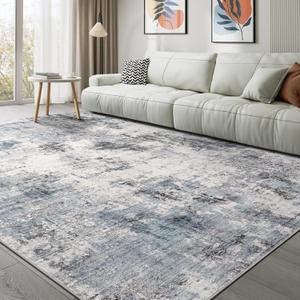 Abstract 9x12 Area Rug: Machine Washable Non Slip Ultra Thin Low-Pile Carpet, Soft Stain Resistant for Living Dining Room Bedroom, Kid Pet Friendly, Robot Vacuum Compatible - Grey Blue