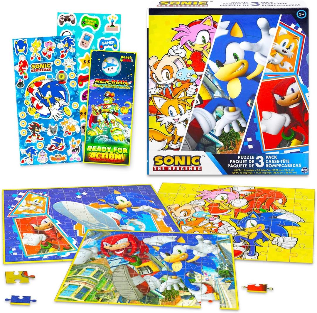 Sonic The Hedgehog Puzzle for Kids Set - Bundle with 3 Sonic Jigsaw Puzzles, Stickers, More | 1: 48 Pc and 2: 100 Pc Sonic Puzzles for Kids